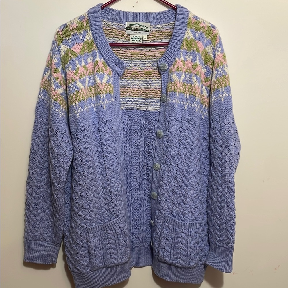 Aran Crafts Lavender Cable Knit Cardigan with Pastel Fair Isle Yoke